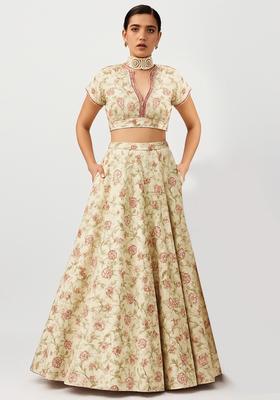Beige Printed Tussar Lehenga Set