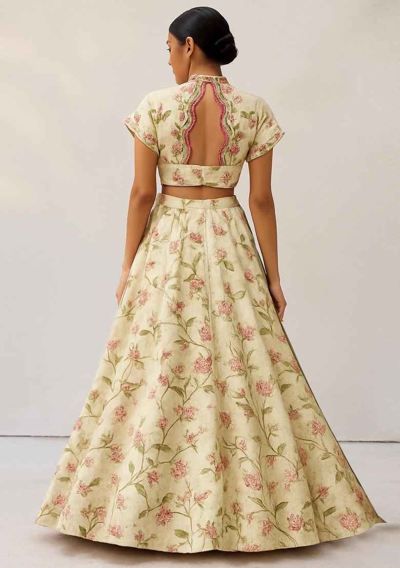 Off White Printed Tussar Lehenga Set - Indya