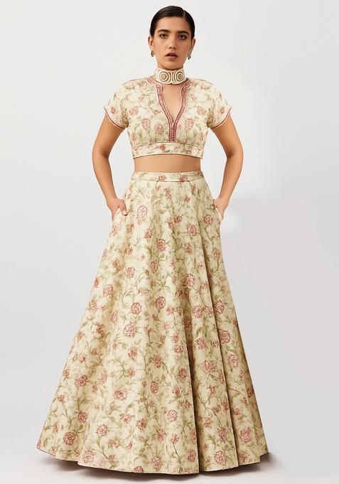 Off White Printed Tussar Lehenga Set