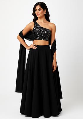 Black Embellished Blouse Georgette Lehenga Set