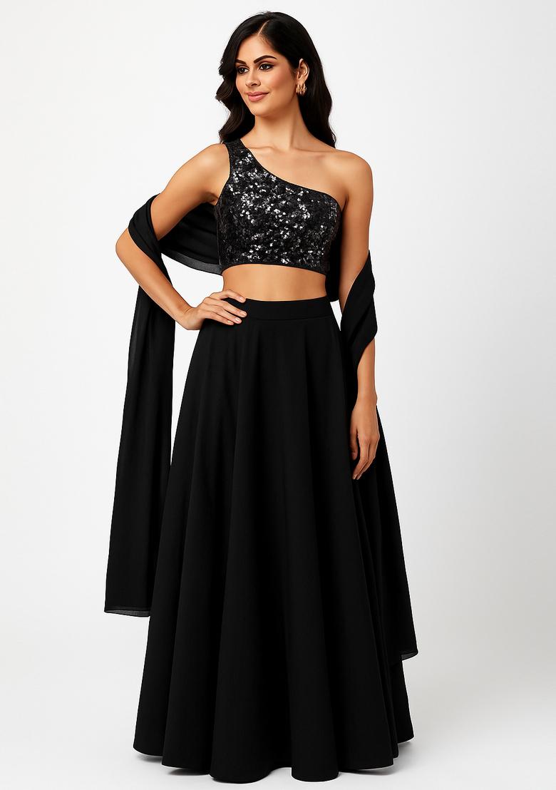 Black Sequin Blouse Georgette Lehenga Set