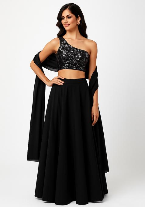 Black Sequin Blouse Georgette Lehenga Set