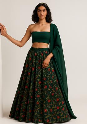 Dark Green Embroidered Organza Lehenga Set