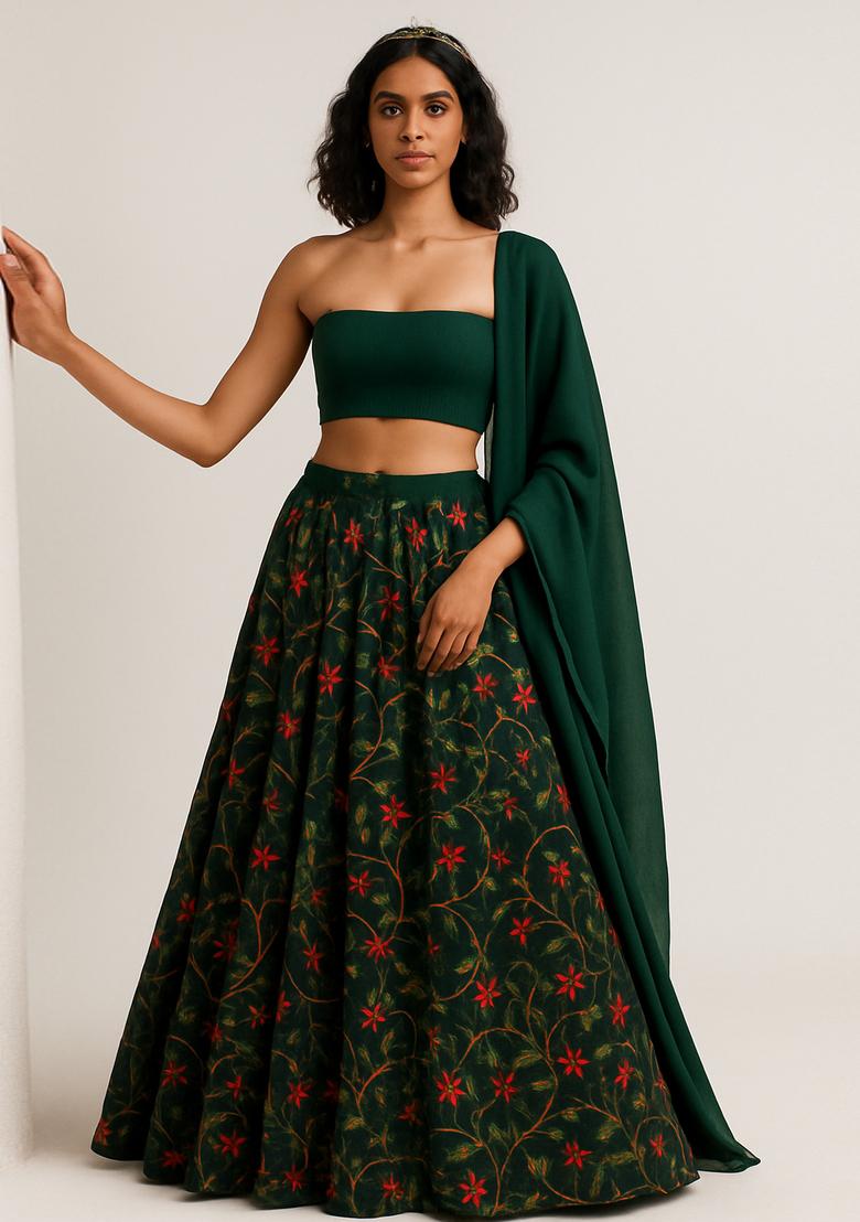 Dark Green Embroidered Organza Lehenga Set