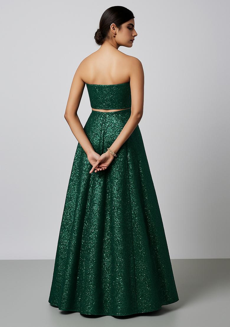 Green Sequin Net Lehenga Set