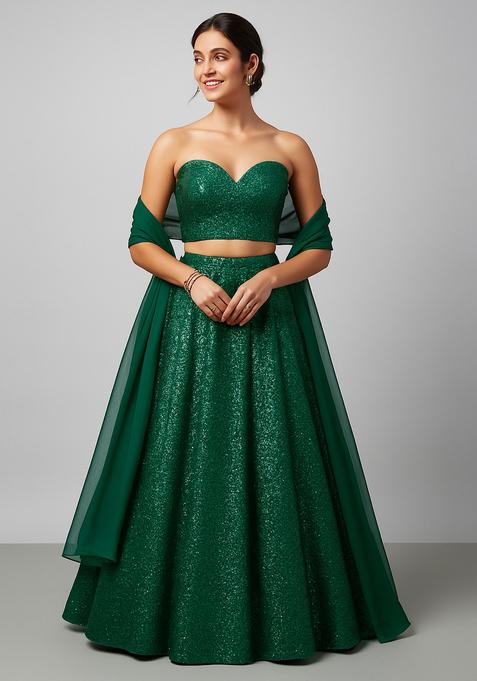 Green Sequin Net Lehenga Set