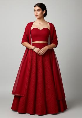 Dark Maroon Embroidered Net Lehenga Set