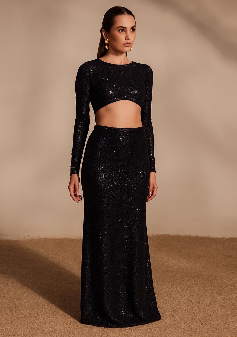 Black Sequin Net Fusion Set