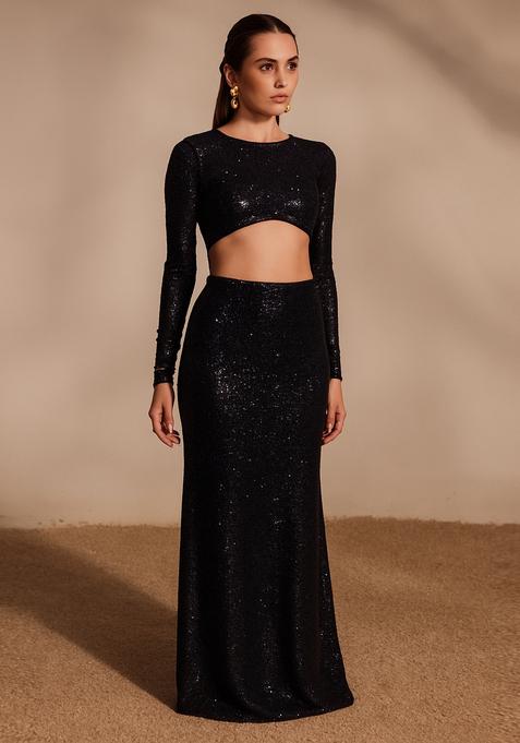 Black Sequin Net Fusion Set