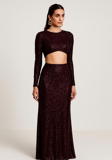 Wine Sequin Georgette Fusion Set