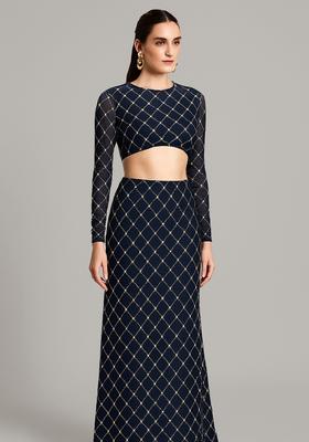 Navy Blue Embroidered Georgette Lehenga Set