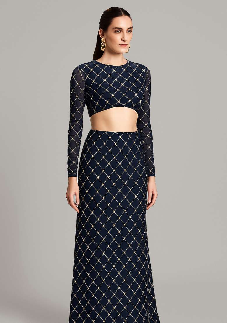 Navy Blue Embroidered Georgette Fusion Set - Indya