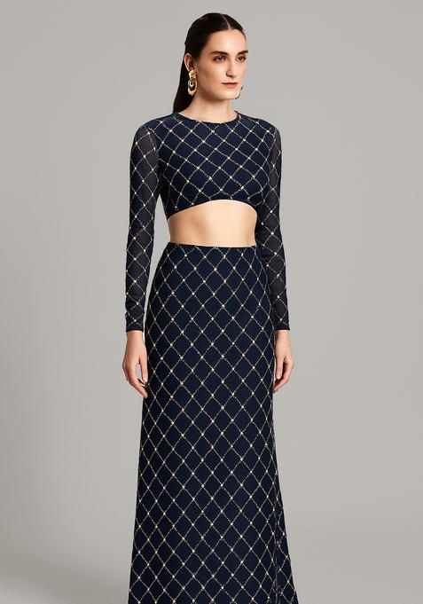 Navy Blue Embroidered Georgette Fusion Set