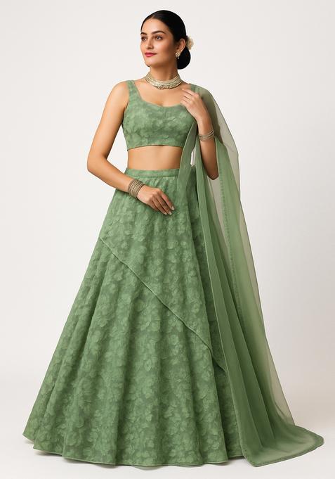 Sage Green Embroidered Net Lehenga Set