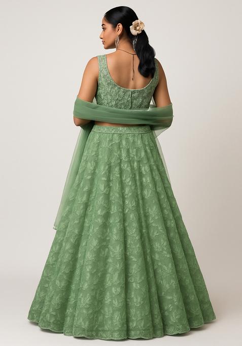 Sage Green Embroidered Net Lehenga Set