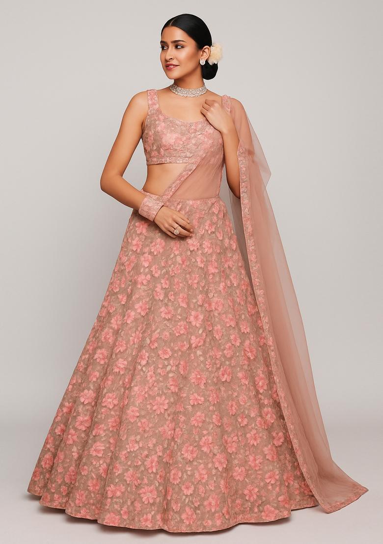 Peach Embroidered Net Lehenga Set