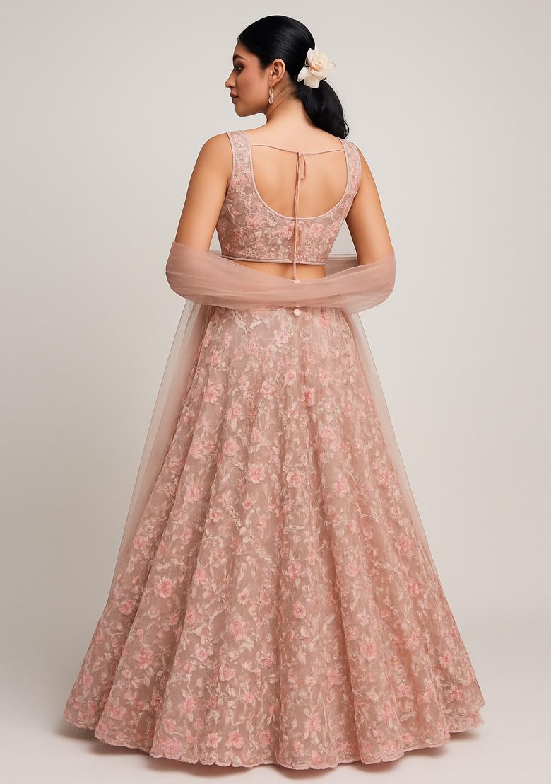 Peach Embroidered Net Lehenga Set
