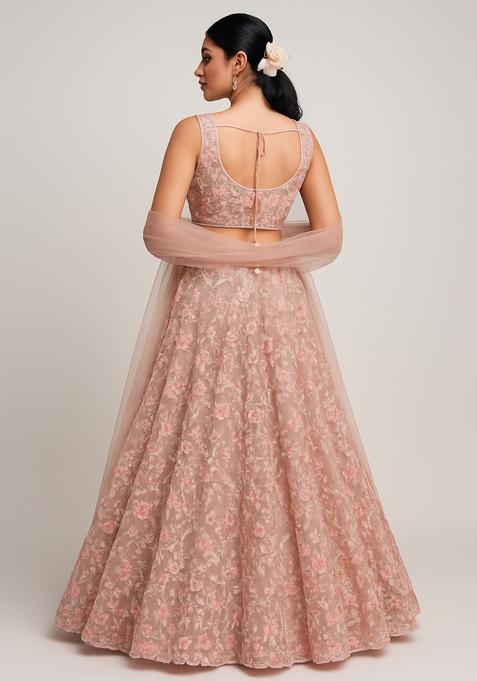 Peach Embroidered Net Lehenga Set
