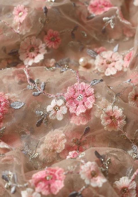 Peach Embroidered Net Lehenga Set