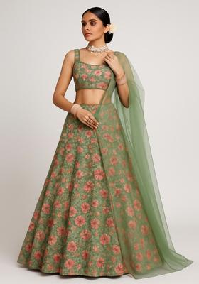 Pista Green Embroidered Net Lehenga Set