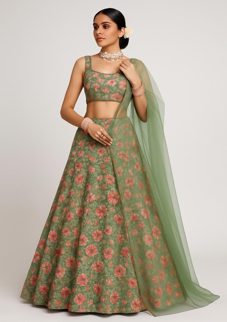 Pista Green Embroidered Net Lehenga Set