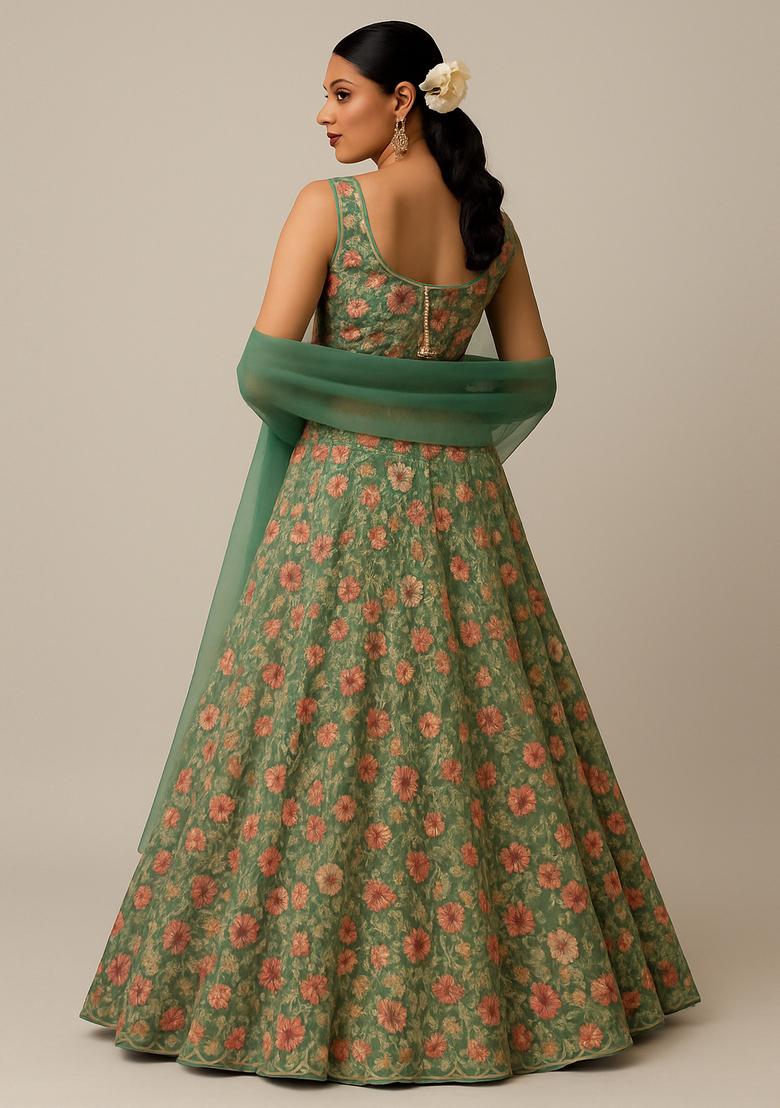 Pista Green Embroidered Net Lehenga Set