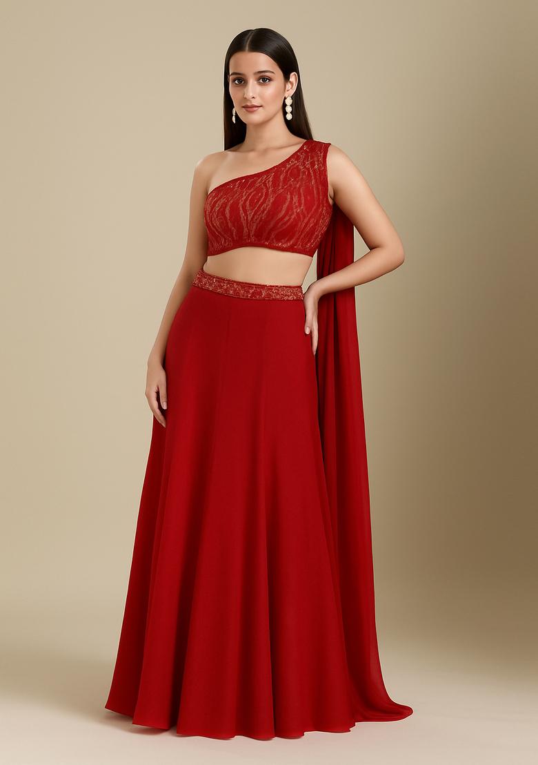 Red Embellished Blouse Georgette Lehenga Set
