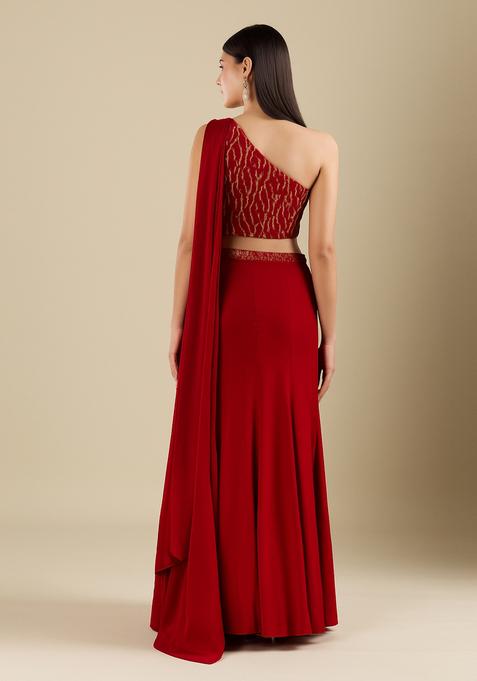 Red Embellished Blouse Georgette Lehenga Set