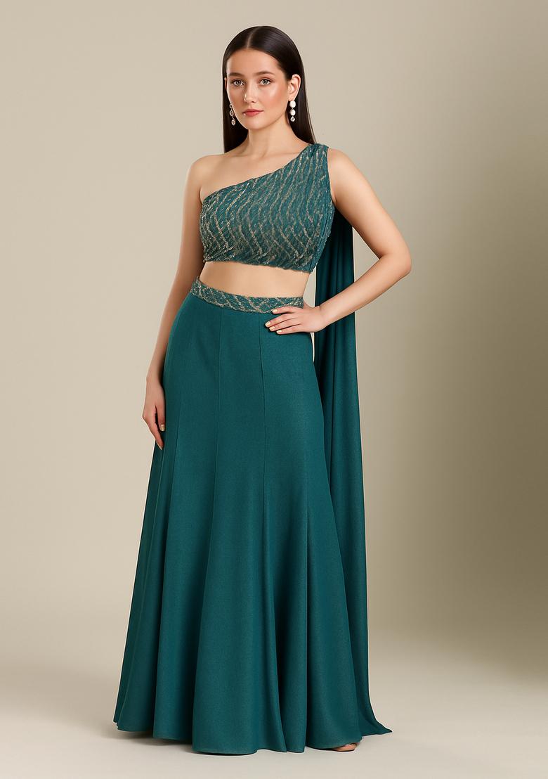 Rama Blue Embellished Blouse Georgette Lehenga Set