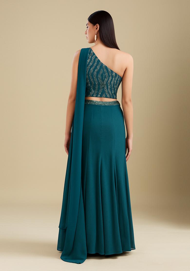 Rama Blue Embellished Blouse Georgette Lehenga Set