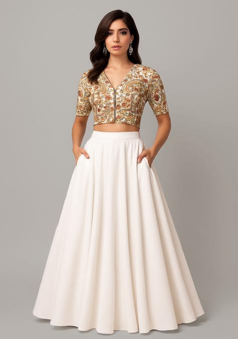 White Embroidered Blouse Georgette Lehenga Set