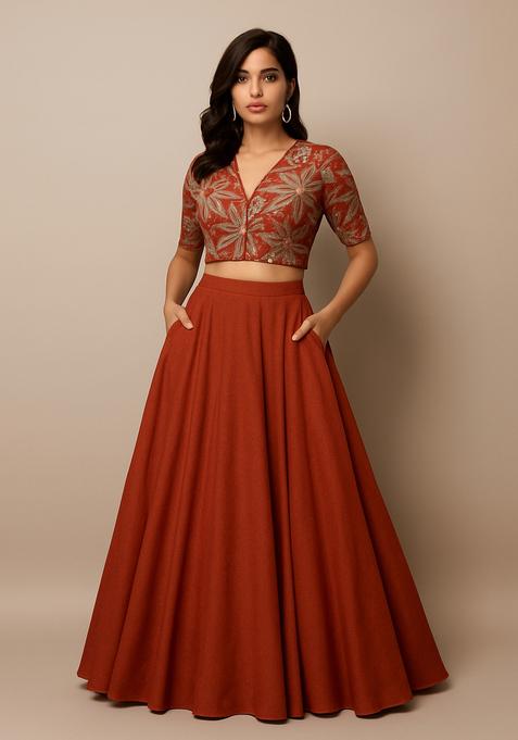 Rust Embroidered Blouse Georgette Lehenga Set
