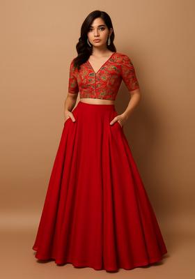 Red Embroidered Blouse Georgette Lehenga Set