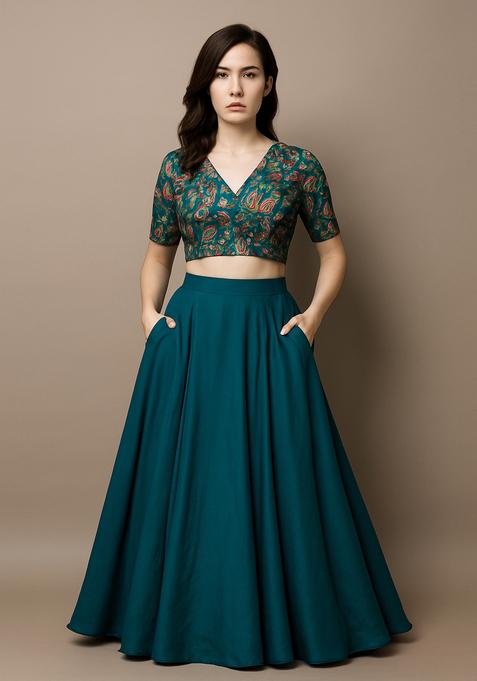 Rama Blue Embroidered Blouse Georgette Lehenga Set