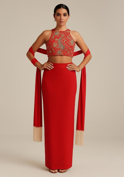 Red Embroidered Blouse Georgette Lehenga Set