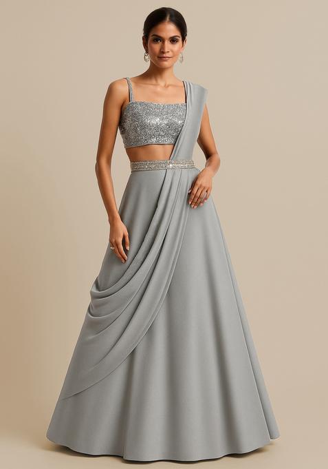 Silver Sequin Embellished Blouse Georgette Lehenga Set