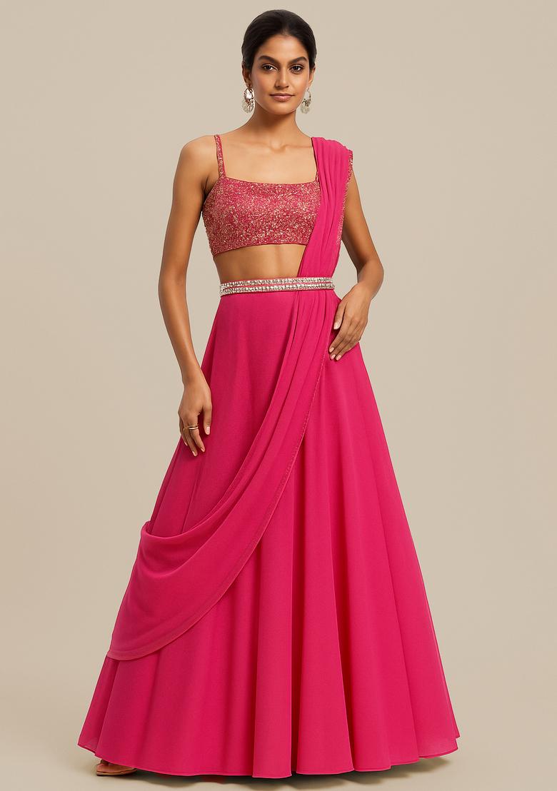 Hot Pink Embellished Blouse Georgette Lehenga Set