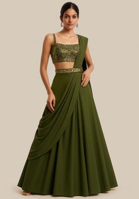 Green Sequin Embellished Blouse Georgette Lehenga Set