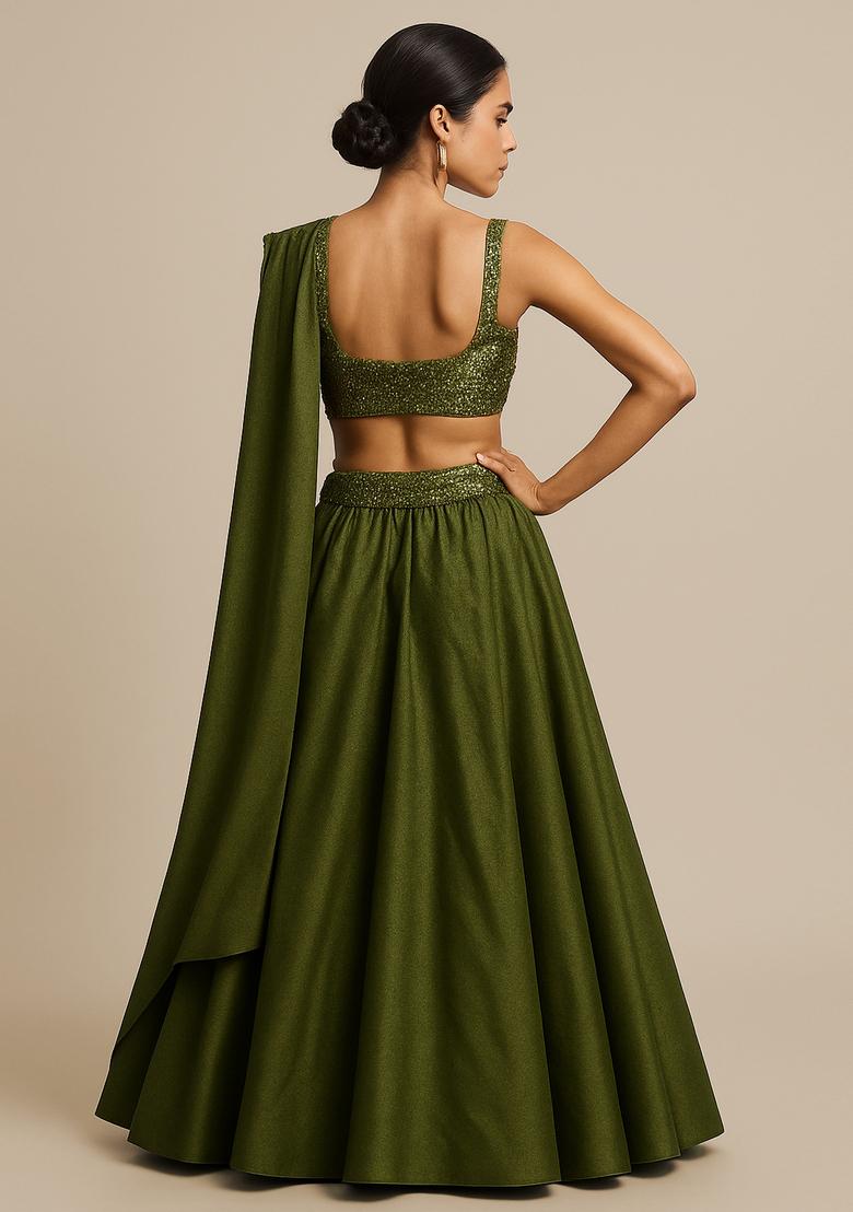 Green Sequin Embellished Blouse Georgette Lehenga Set