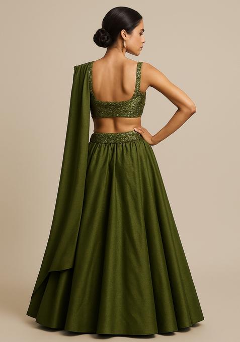 Green Sequin Embellished Blouse Georgette Lehenga Set