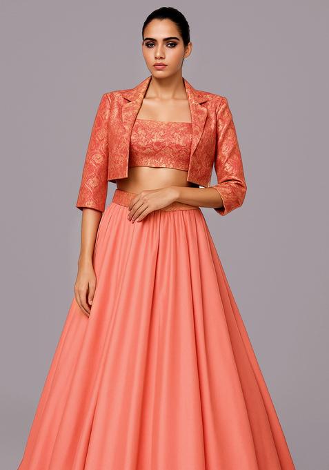 Peach Jacquard Georgette Lehenga Set