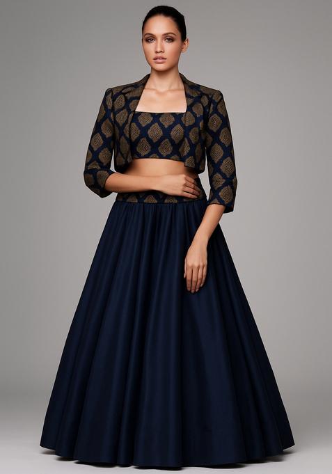 Dark Blue Jacquard Georgette Lehenga Set