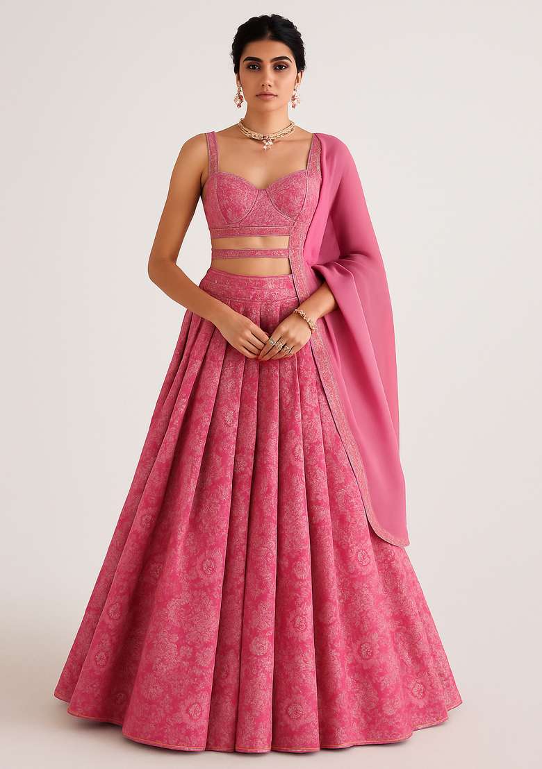 Light Pink Jacquard Brocade Lehenga Set for Diwali and Festive Wear - Indya