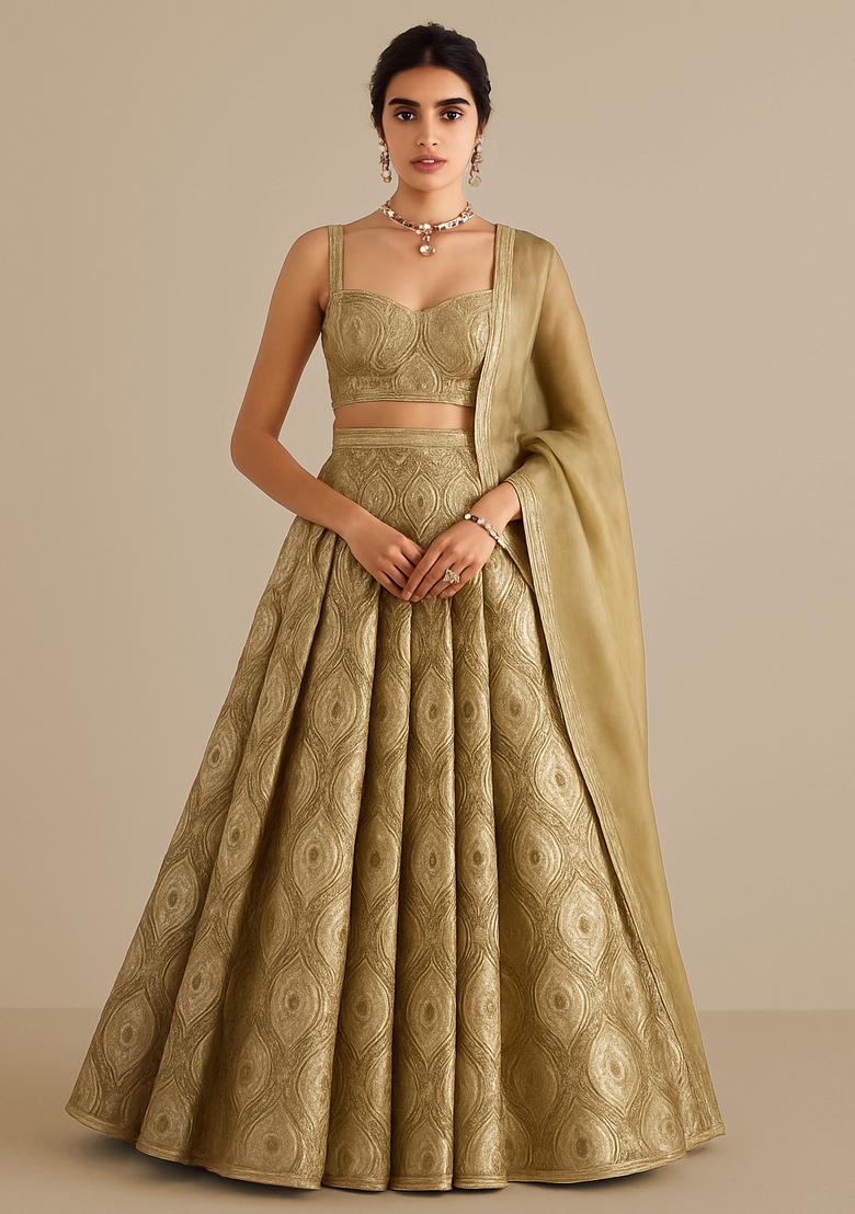 Golden Jacquard Brocade Lehenga Set
