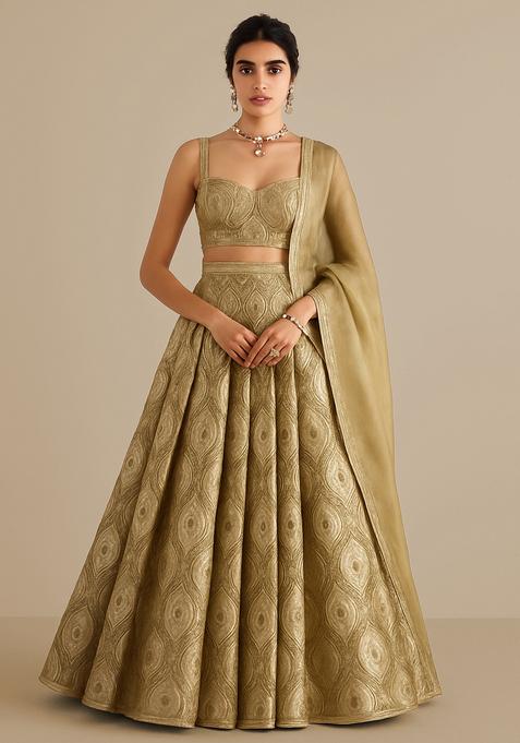 Golden  Jacquard Brocade Lehenga Set