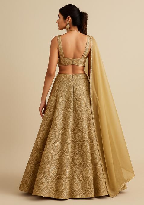 Golden Jacquard Brocade Lehenga Set