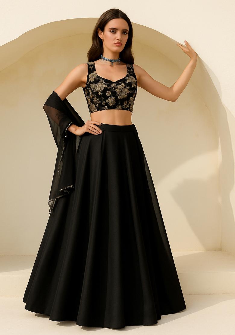 Black Jacquard Blouse Georgette Lehenga Set