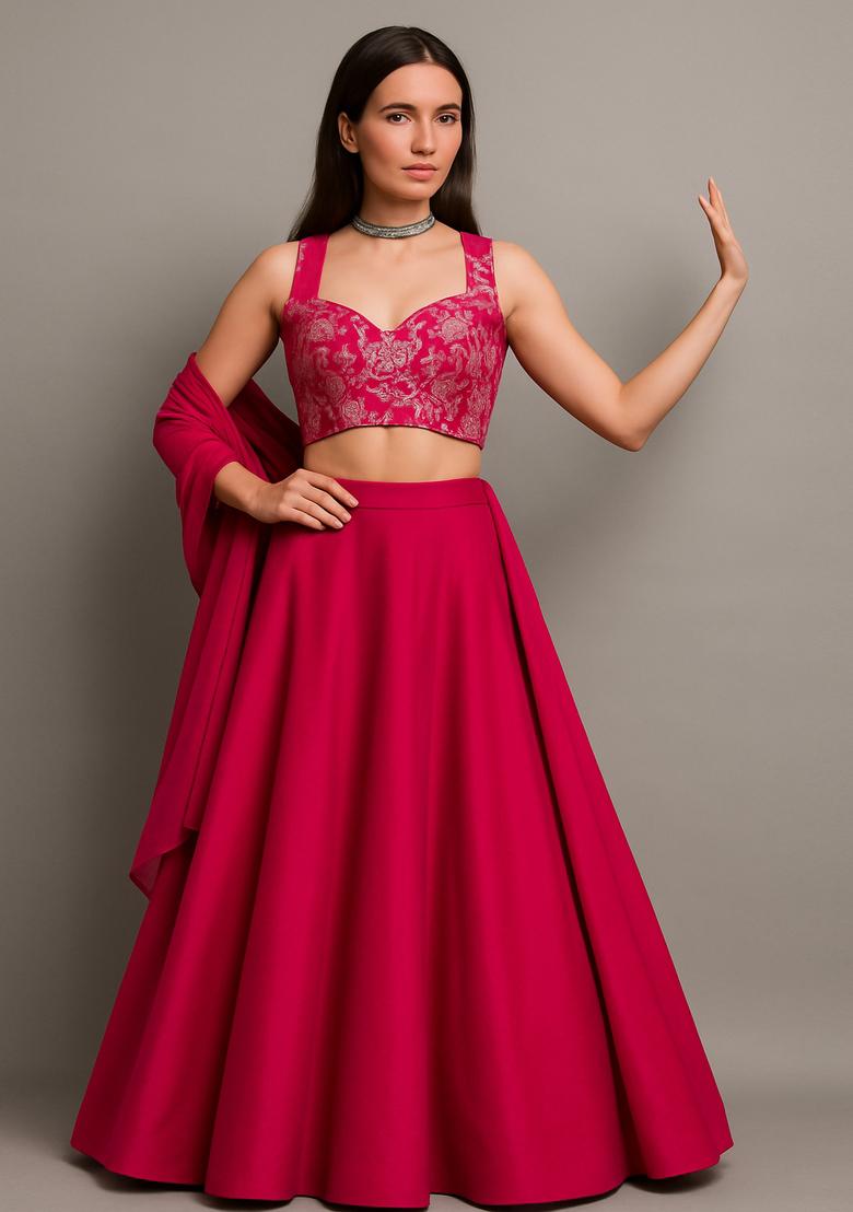Pink Jacquard Blouse Georgette Lehenga Set