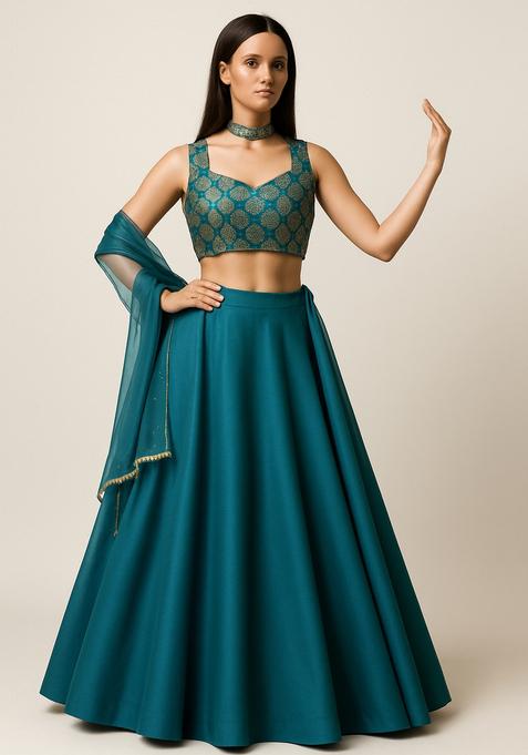 Turquoise Blue Jacquard Blouse Georgette Lehenga Set