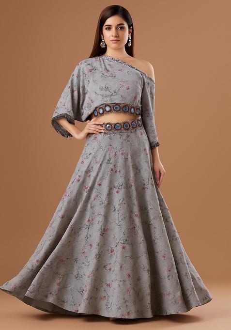 Grey Printed Crepe Lehenga Set